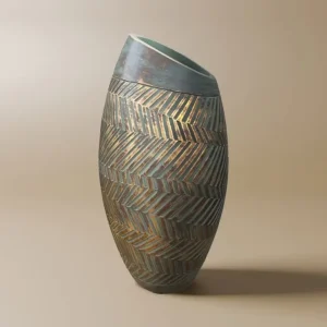 Jarrón AMIRA de poliresina verde y dorada, 35 cm de alto ZS