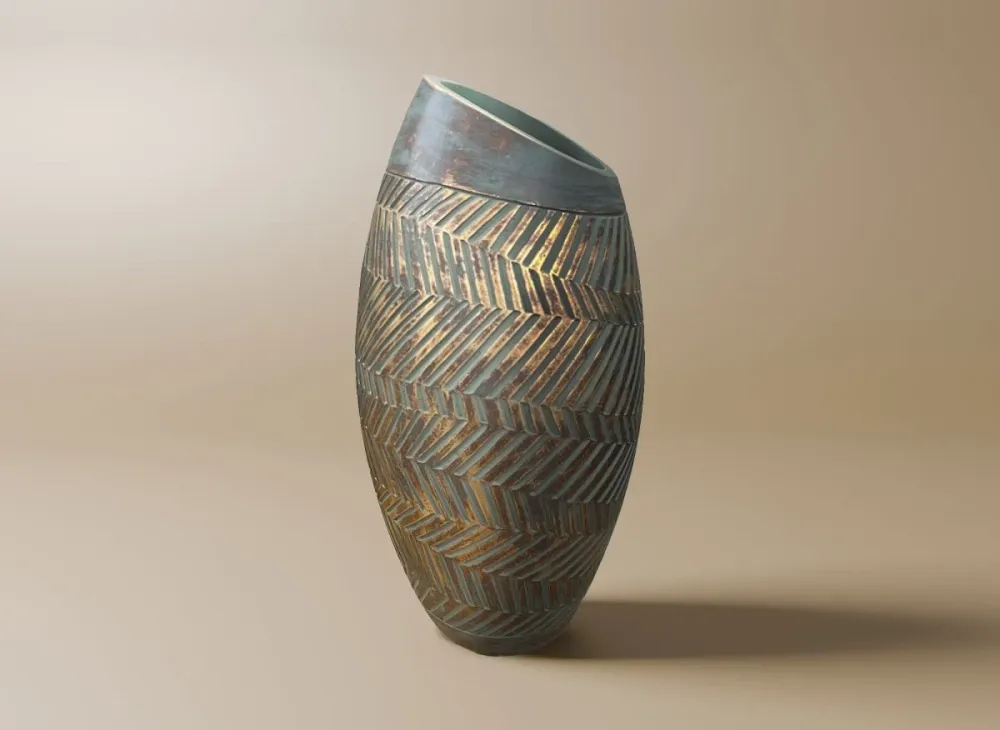 Jarrón AMIRA de poliresina verde y dorada, 35 cm de alto ZS