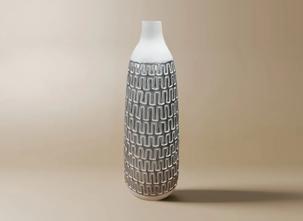 Jarrón XL de poliresina blanca y plateada, 40 cm de alto, ALAIA ZS