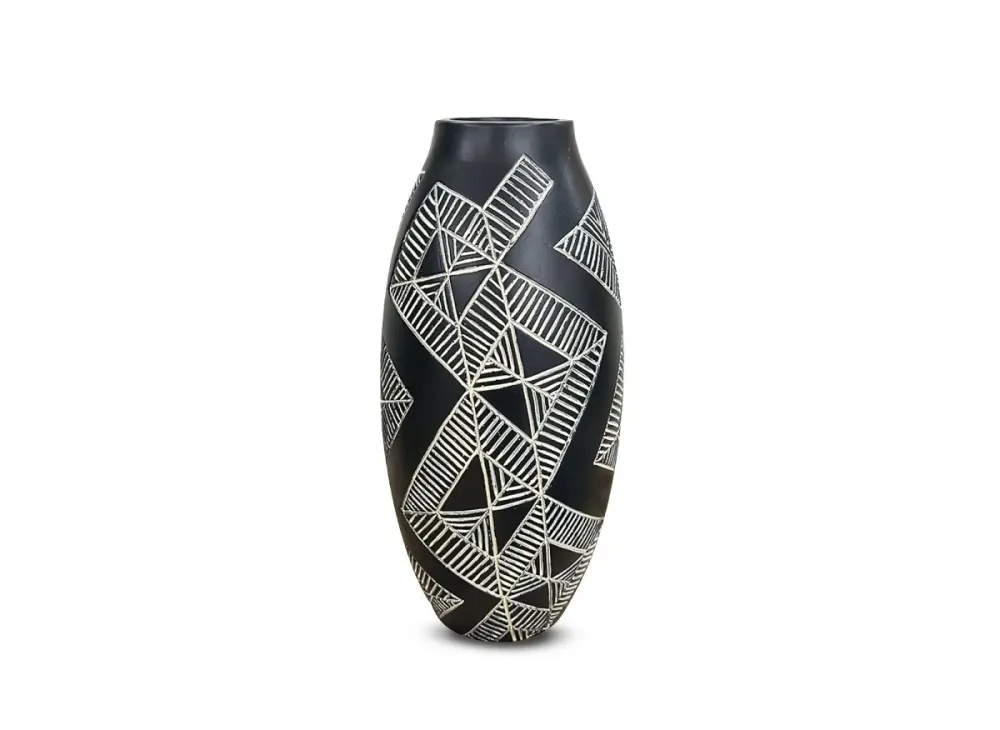 Jarrón étnico de poliresina en blanco y negro, 31 cm de alto, maorí ZS