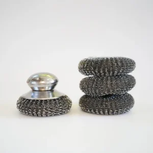 Estropajo de acero inox con mango y 3 recambios | Limpieza eficaz sin esfuerzo con Mango Ergonómico