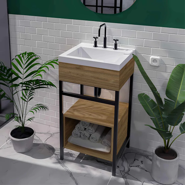 Vanity Milán Con Cajón 48X43 Cm De Herrerí Y Melamina Color Gales Con Lavamanos En Marmolina Oslo Blanco Bochetti 1152109