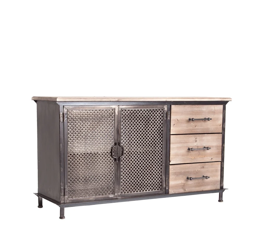 Buffet Newport de hierro en color negro/natural, tablero de madera de abeto