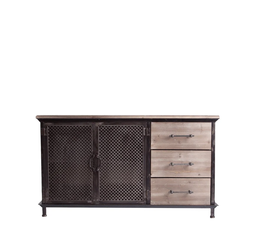 Buffet Newport de hierro en color negro/natural, tablero de madera de abeto