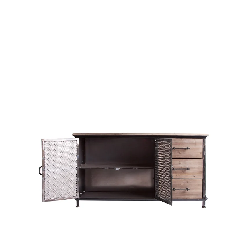 Buffet Newport de hierro en color negro/natural, tablero de madera de abeto