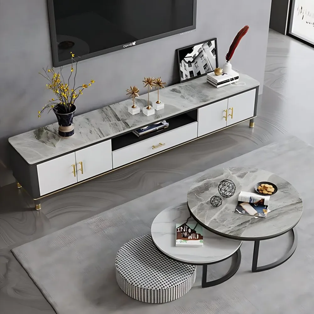 Almacenamiento de TV para el hogar Mueble para TV de piedra sinterizada de lujo con patas extendidas Gris Clearhalo