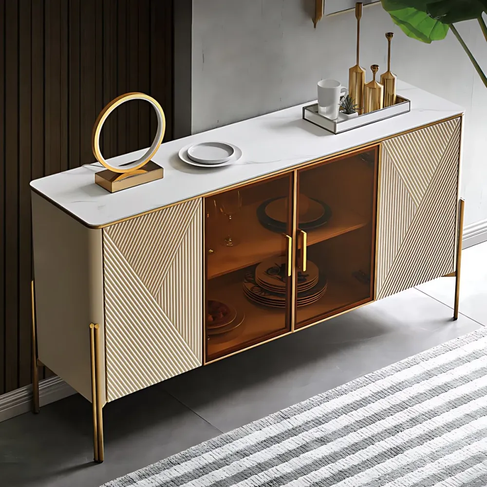 Aparador con tapa de piedra y patas para buffet de comedor con acabado pulido Glam Caqui Clearhalo