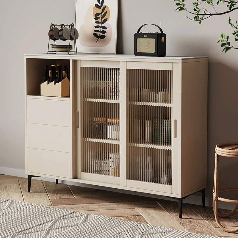 Aparador de estanterí ajustable contemporáneo, servidor de almacenamiento abierto con puertas de vidrio Negro Clearhalo