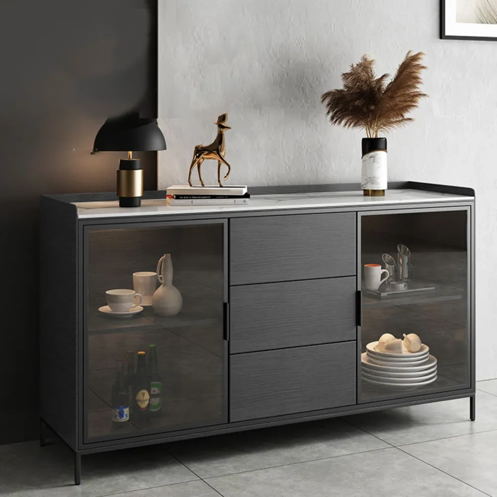 Aparador estilo Glam, puertas de vidrio, tablero lateral de piedra con gabinetes y cajones Negro Clearhalo