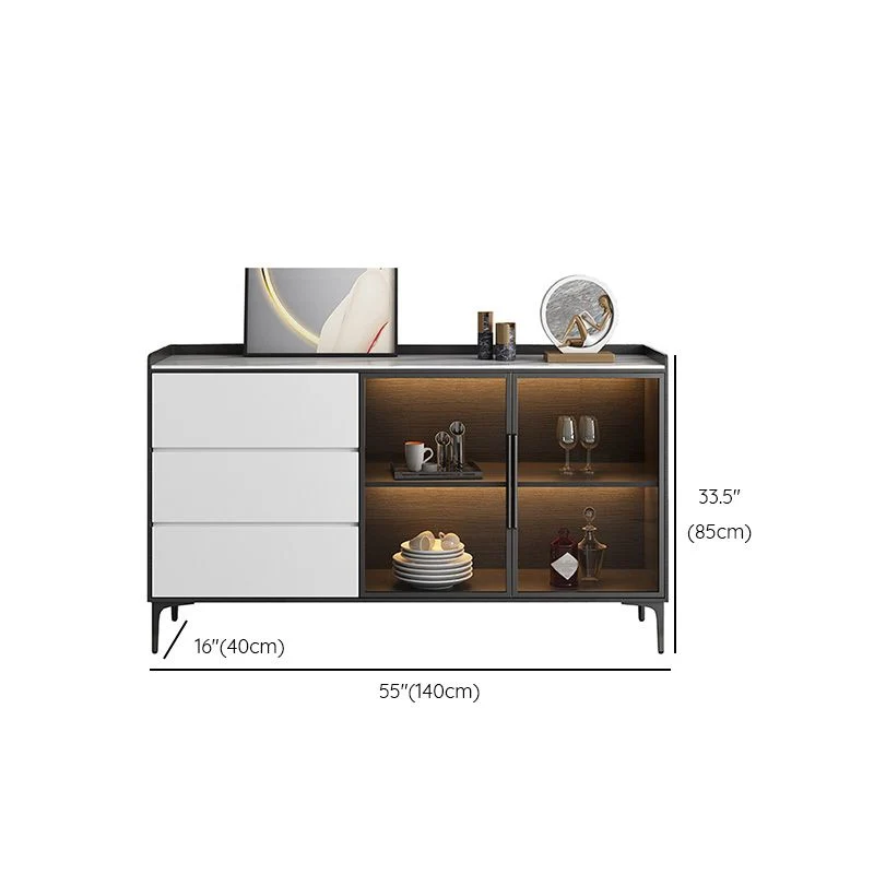 Aparador estilo Glam, puertas de vidrio, tablero lateral de piedra con gabinetes y cajones Negro Clearhalo