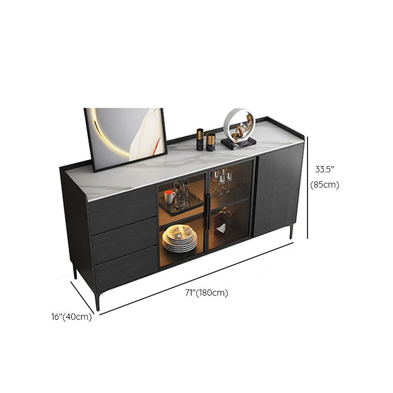 Aparador estilo Glam, puertas de vidrio, tablero lateral de piedra con gabinetes y cajones Negro Clearhalo