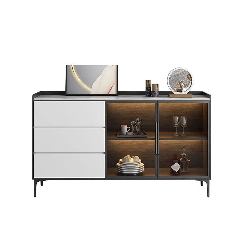 Aparador estilo Glam, puertas de vidrio, tablero lateral de piedra con gabinetes y cajones Negro Clearhalo