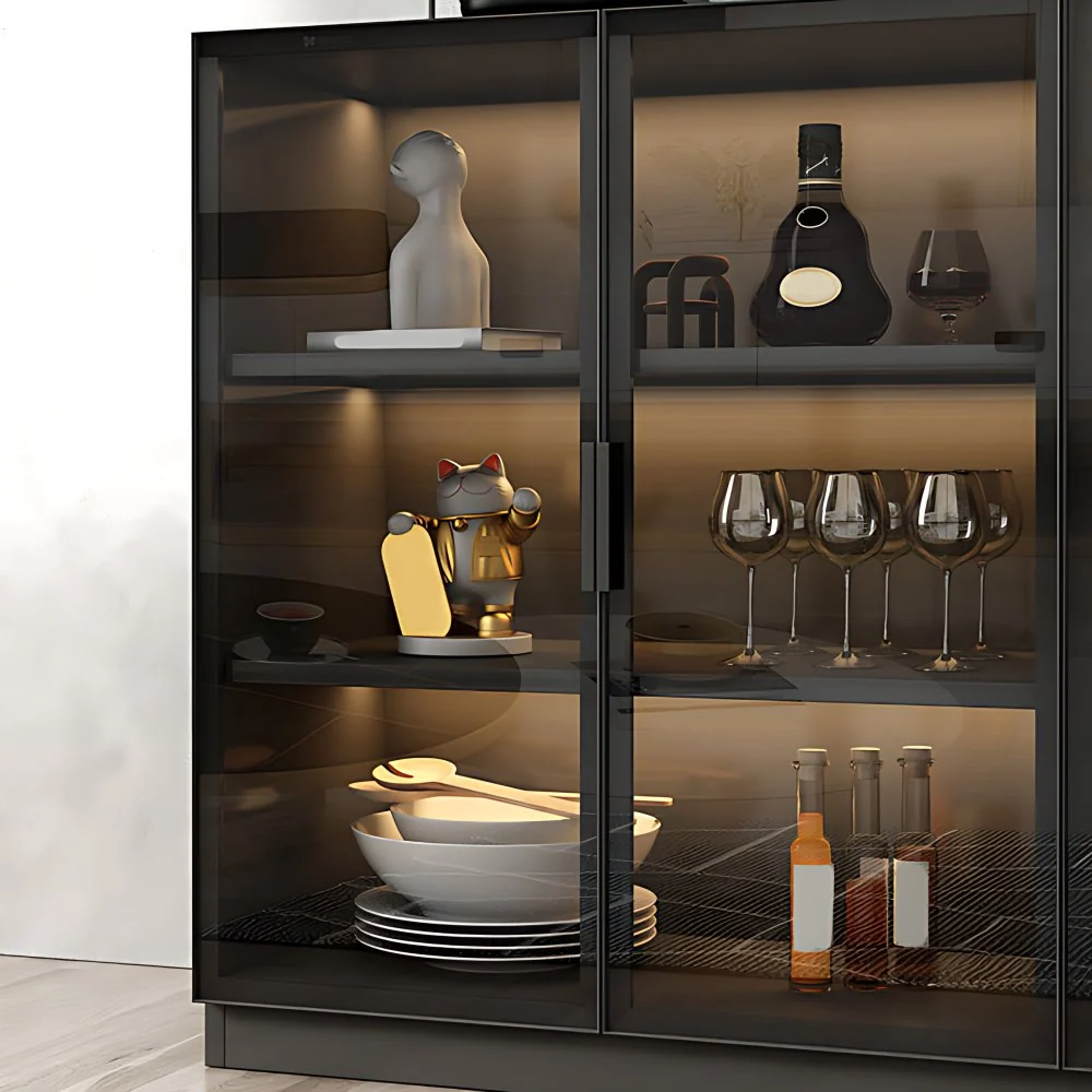 Aparador estilo moderno con puertas de vidrio y madera y gabinetes Clearhalo
