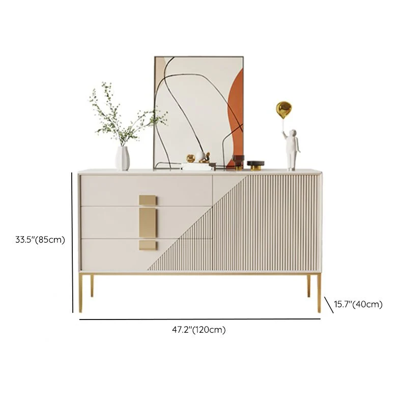 Aparador Glam de piedra sinterizada blanca Credenza de 3 cajones con patas de metal Clearhalo