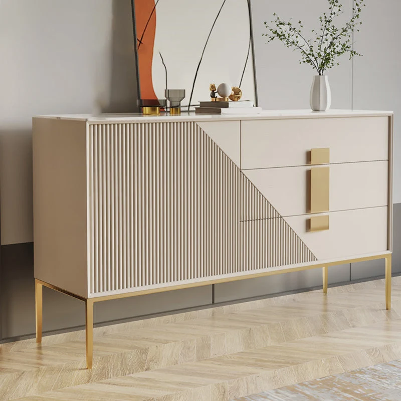 Aparador Glam de piedra sinterizada blanca Credenza de 3 cajones con patas de metal Clearhalo