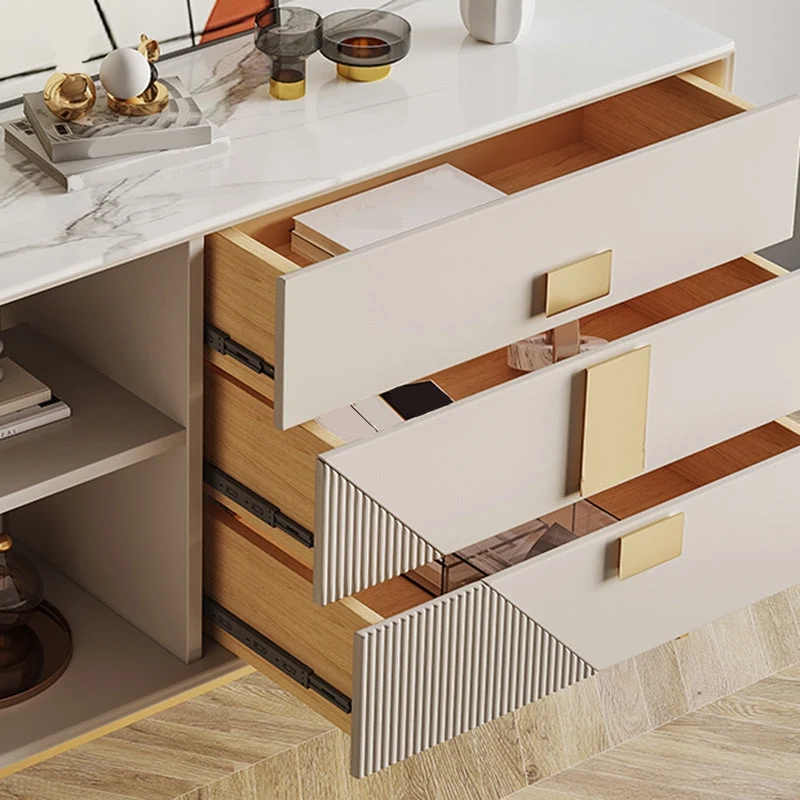 Aparador Glam de piedra sinterizada blanca Credenza de 3 cajones con patas de metal Clearhalo