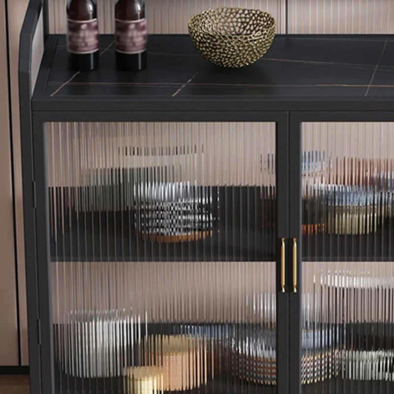 Aparador de hierro Glam, puertas de vidrio, servidor de comedor con encimera de piedra para sala de estar Negro Clearhalo