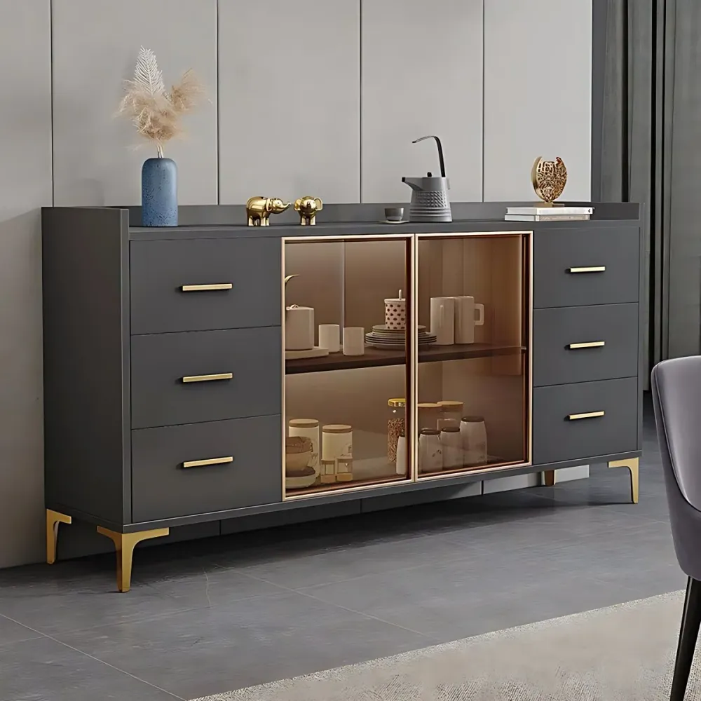 Aparador de madera de ingenierí moderno, comedor de 35,4 pulgadas de alto, servidor buffet con puertas de vidrio Gris Clea...