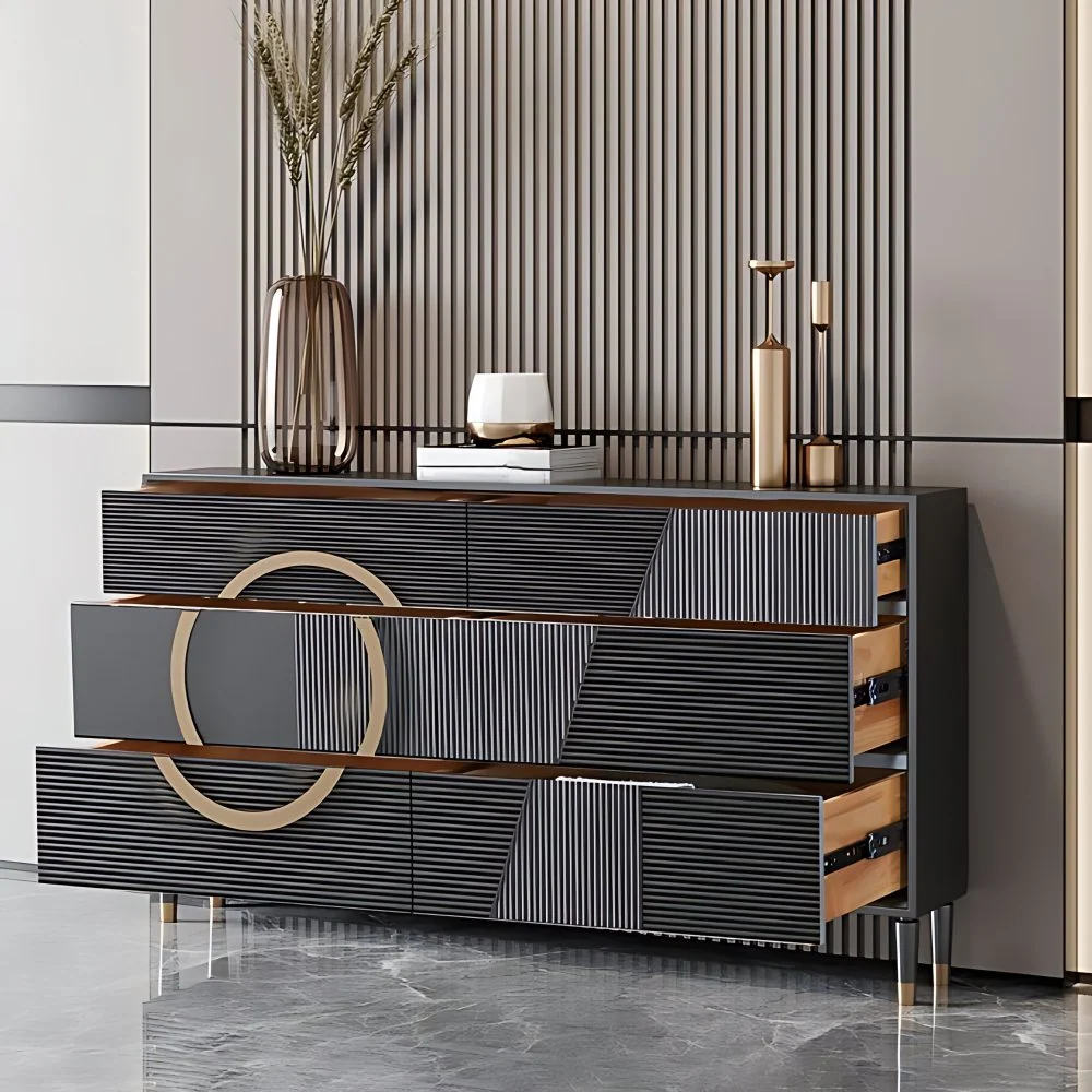 Aparador de madera maciza de abedul negro, mesa de buffet Glam con cajones Clearhalo
