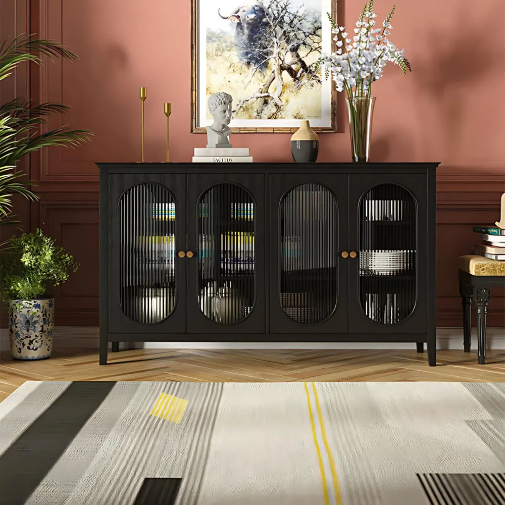 Aparador de madera maciza de 59 "de largo con puertas de vidrio Aparador tipo buffet moderno Rojo Clearhalo