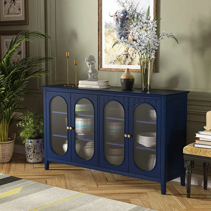 Aparador de madera maciza de 59 "de largo con puertas de vidrio Aparador tipo buffet moderno Rojo Clearhalo