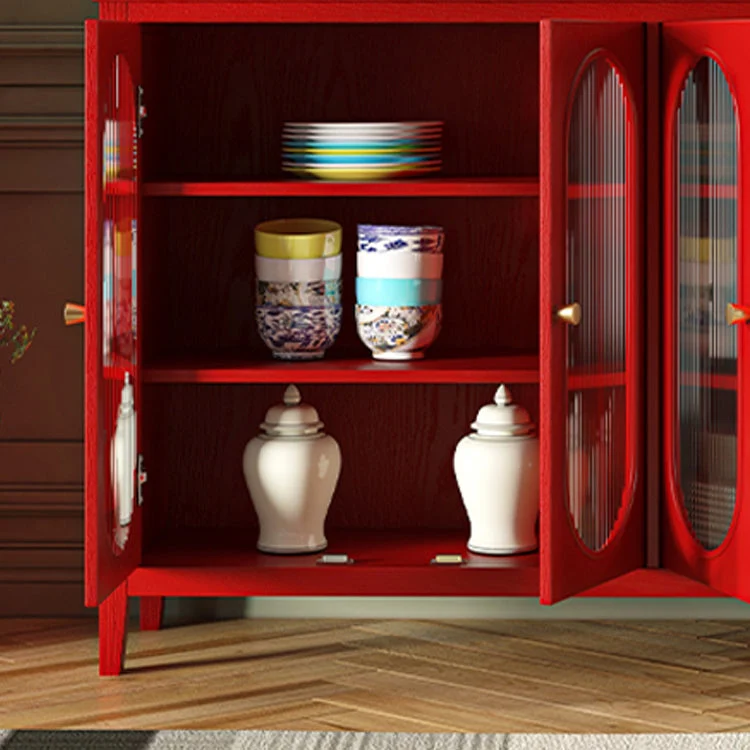 Aparador de madera maciza de 59 "de largo con puertas de vidrio Aparador tipo buffet moderno Rojo Clearhalo