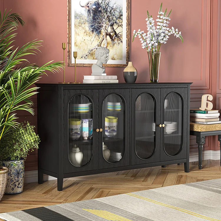 Aparador de madera maciza de 59 "de largo con puertas de vidrio Aparador tipo buffet moderno Rojo Clearhalo