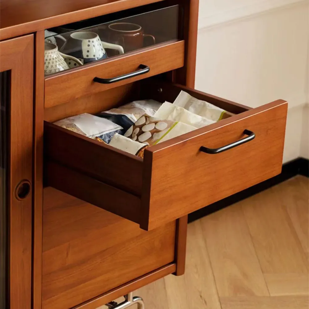 Aparador moderno de 2 cajones, aparador de madera maciza de pino marrón con puerta de cristal Clearhalo