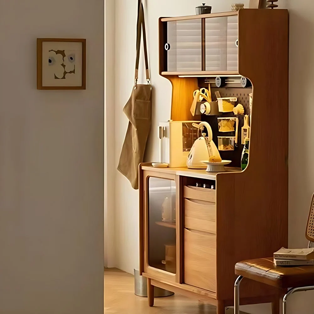 Aparador moderno de madera maciza de pino con cajón para servidor de comedor marrón con puerta de cristal Clearhalo
