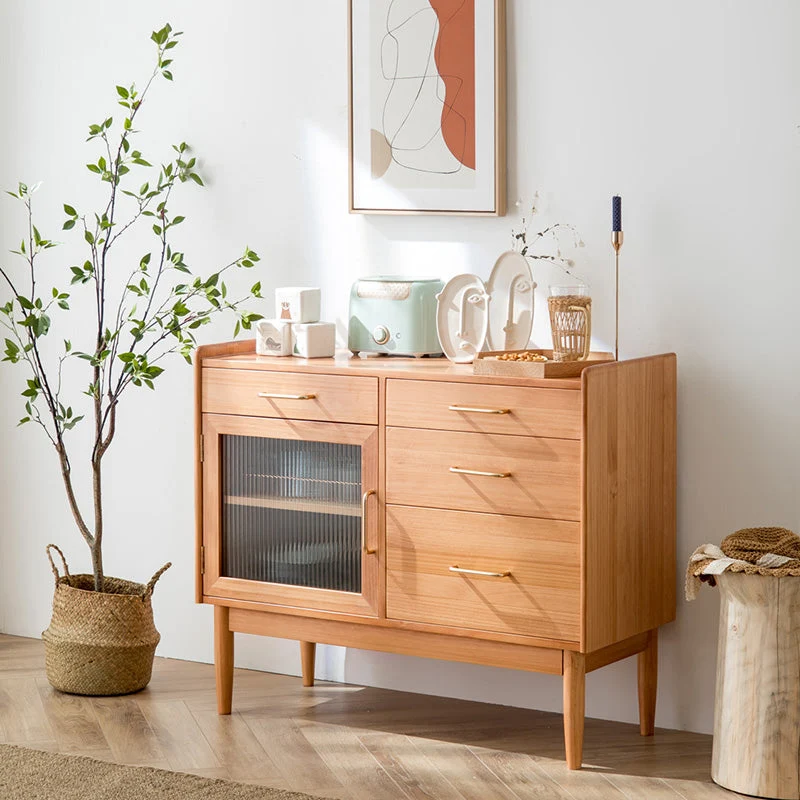 Aparador moderno de madera maciza de pino con acabado antiguo de 4 cajones y servidor de comedor con puerta de vidrio Nuez...