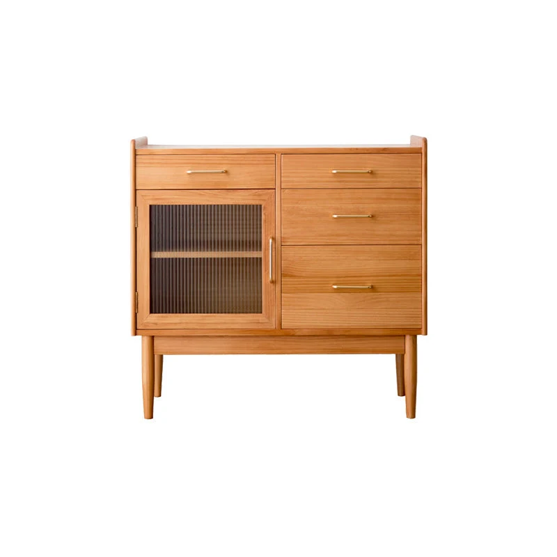 Aparador moderno de madera maciza de pino con acabado antiguo de 4 cajones y servidor de comedor con puerta de vidrio Nuez...