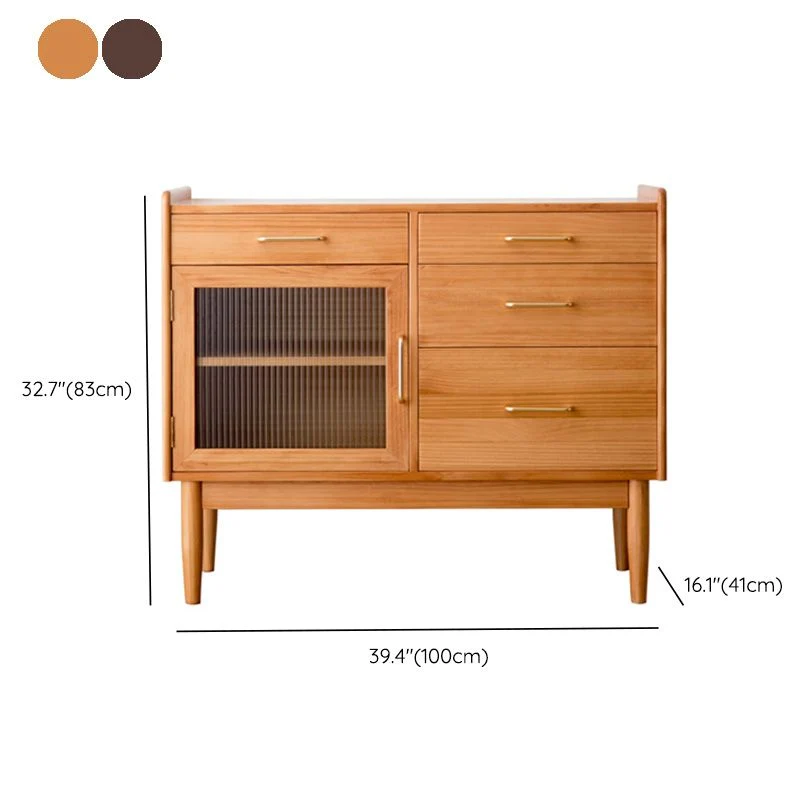 Aparador moderno de madera maciza de pino con acabado antiguo de 4 cajones y servidor de comedor con puerta de vidrio Nuez...