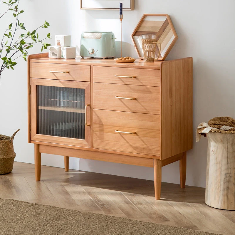 Aparador moderno de madera maciza de pino con acabado antiguo de 4 cajones y servidor de comedor con puerta de vidrio Nuez...