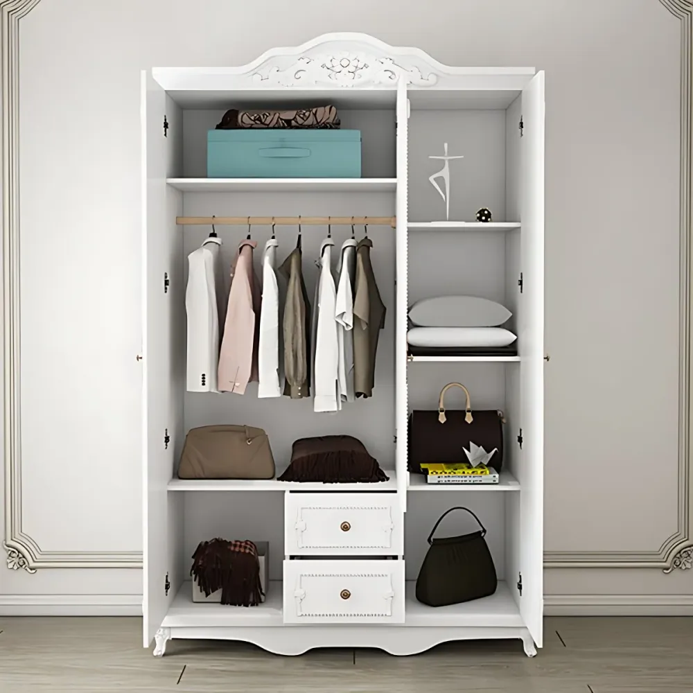 Armario blanco estilo francés para dormitorio, armario de madera fabricado con cajones Clearhalo