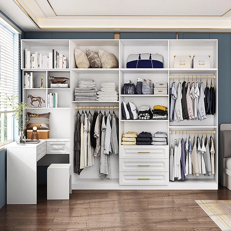 Armario blanco de madera artificial con cajones y rieles para ropa Clearhalo