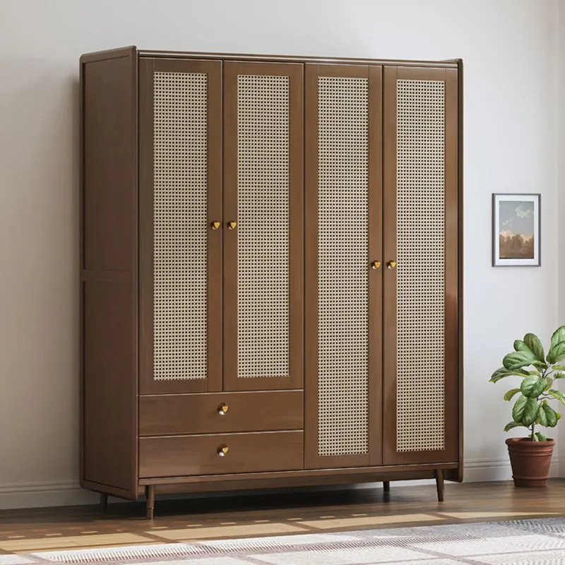 Armario con estructura de madera maciza de caucho, puertas batientes de ratán modernas con patas Naturales Clearhalo