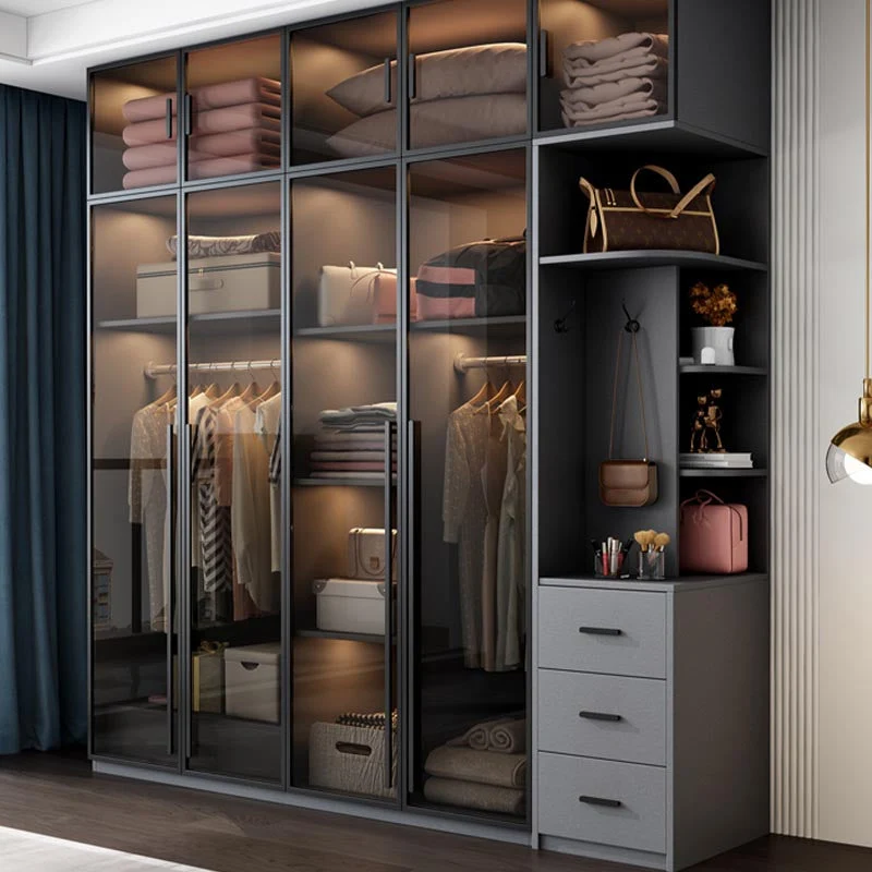 Armario con puertas batientes de estilo moderno para dormitorio, armario gris con puertas de cristal Clearhalo