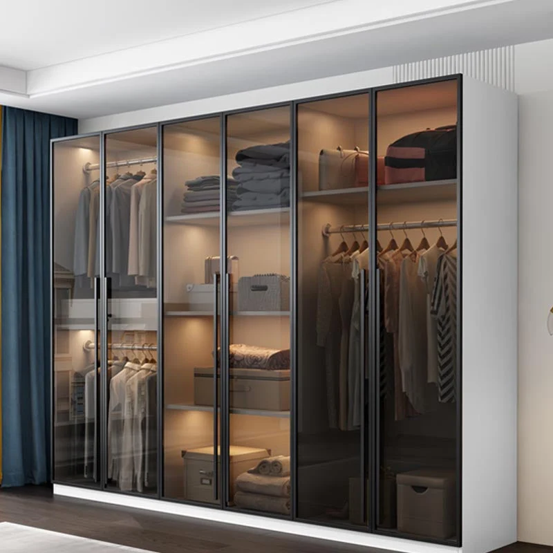 Armario con puertas batientes de estilo moderno para dormitorio, armario gris con puertas de cristal Clearhalo