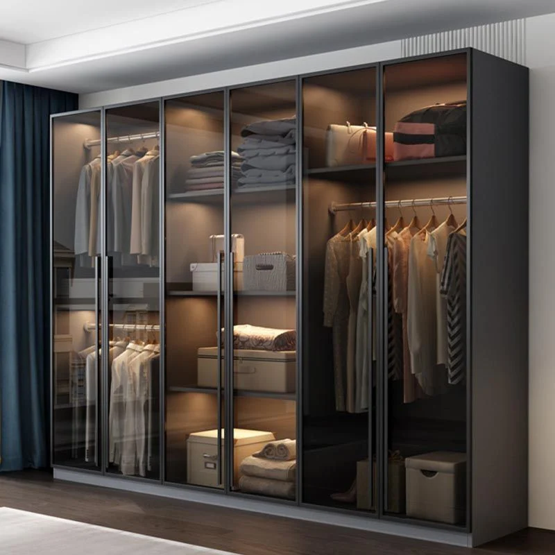 Armario con puertas batientes de estilo moderno para dormitorio, armario gris con puertas de cristal Clearhalo