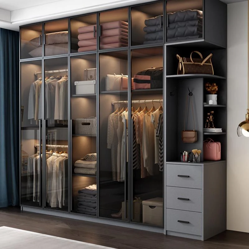 Armario con puertas batientes de estilo moderno para dormitorio, armario gris con puertas de cristal Clearhalo