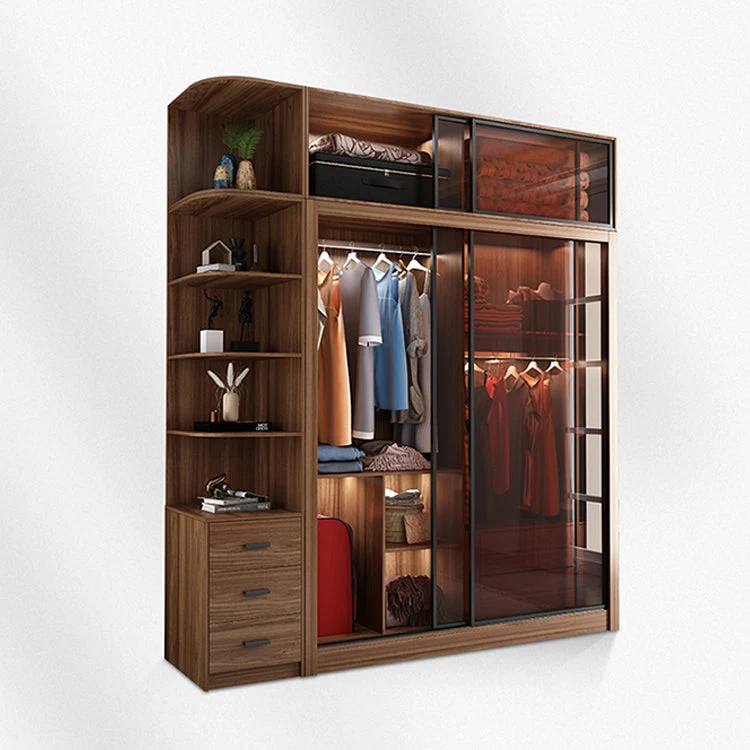 Armario con puertas corredizas para dormitorio, moderno armario marrón con puertas de cristal Clearhalo