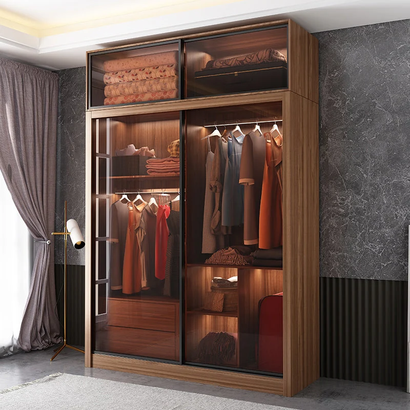 Armario con puertas corredizas para dormitorio, moderno armario marrón con puertas de cristal Clearhalo