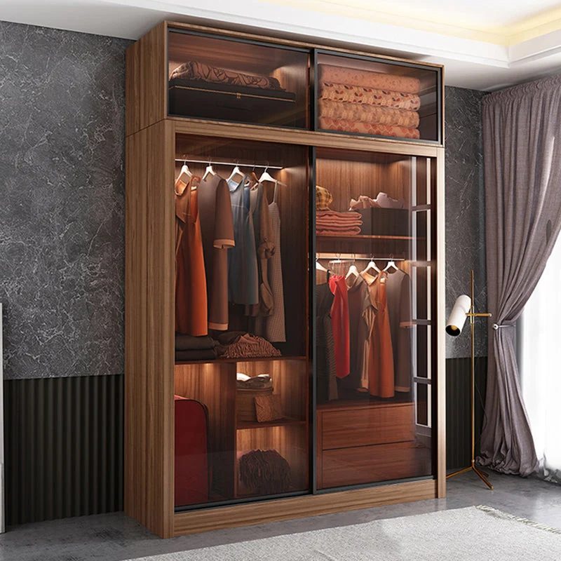Armario con puertas corredizas para dormitorio, moderno armario marrón con puertas de cristal Clearhalo