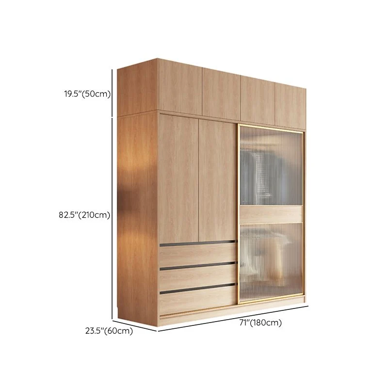 Armario contemporáneo con puertas corredizas de vidrio Armario de madera natural con cajones Clearhalo