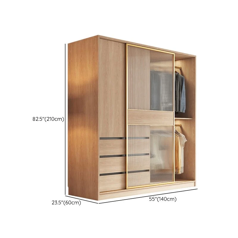 Armario contemporáneo con puertas corredizas de vidrio Armario de madera natural con cajones Clearhalo