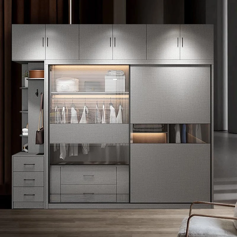 Armario de cristal de estilo moderno, color gris, armario con cajones de cierre suave Clearhalo