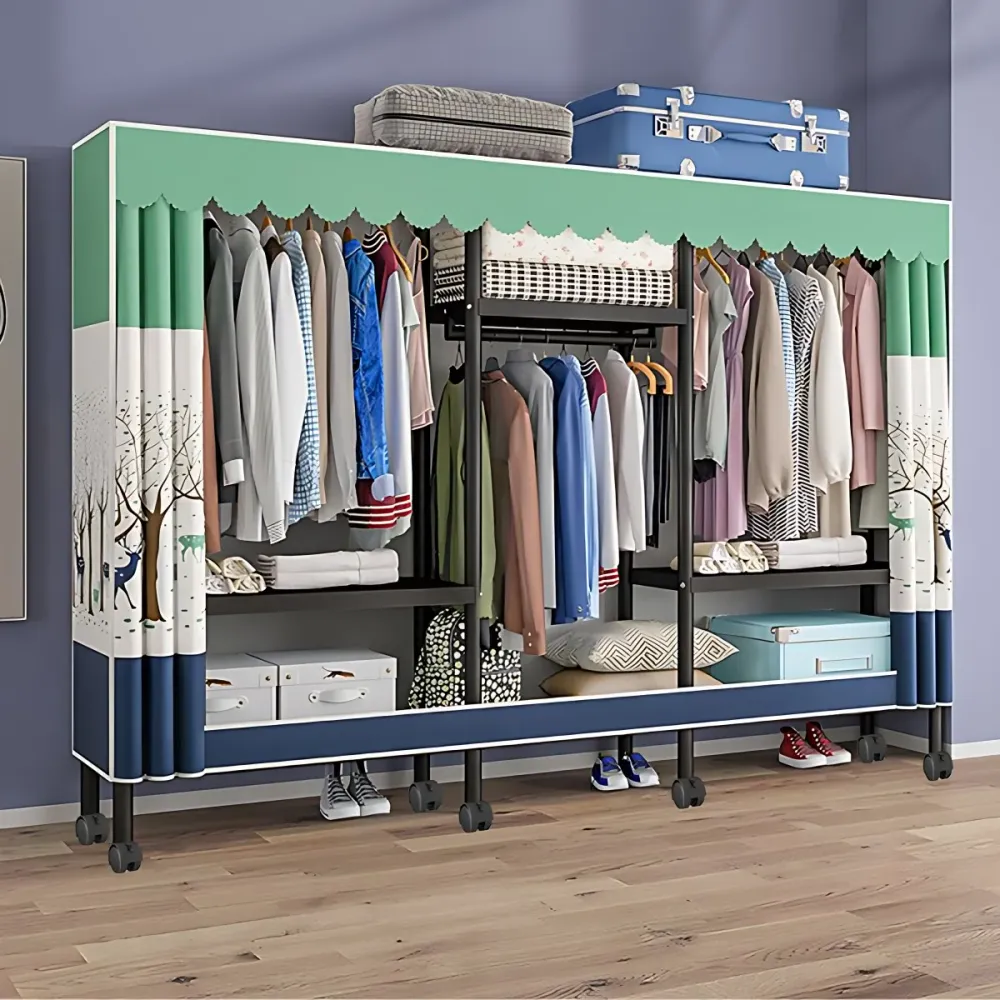 Armario de estilo moderno con estructura metálica y barra para ropa para el hogar Azul Clearhalo
