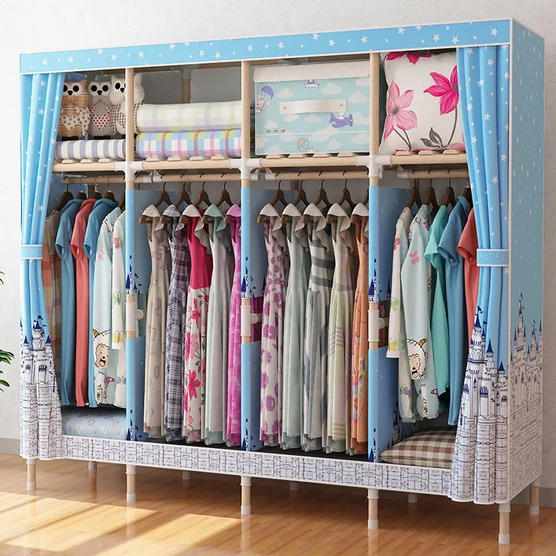 Armario de estilo moderno con marco de madera y barra para ropa para el hogar Azul Clearhalo