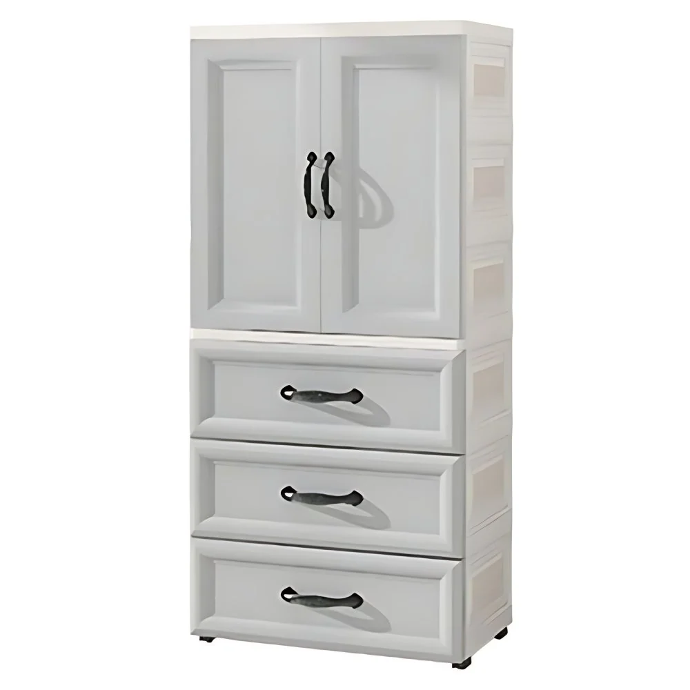 Armario guardarropa moderno blanco de 2 puertas con cajones Armario de plástico Gris Clearhalo