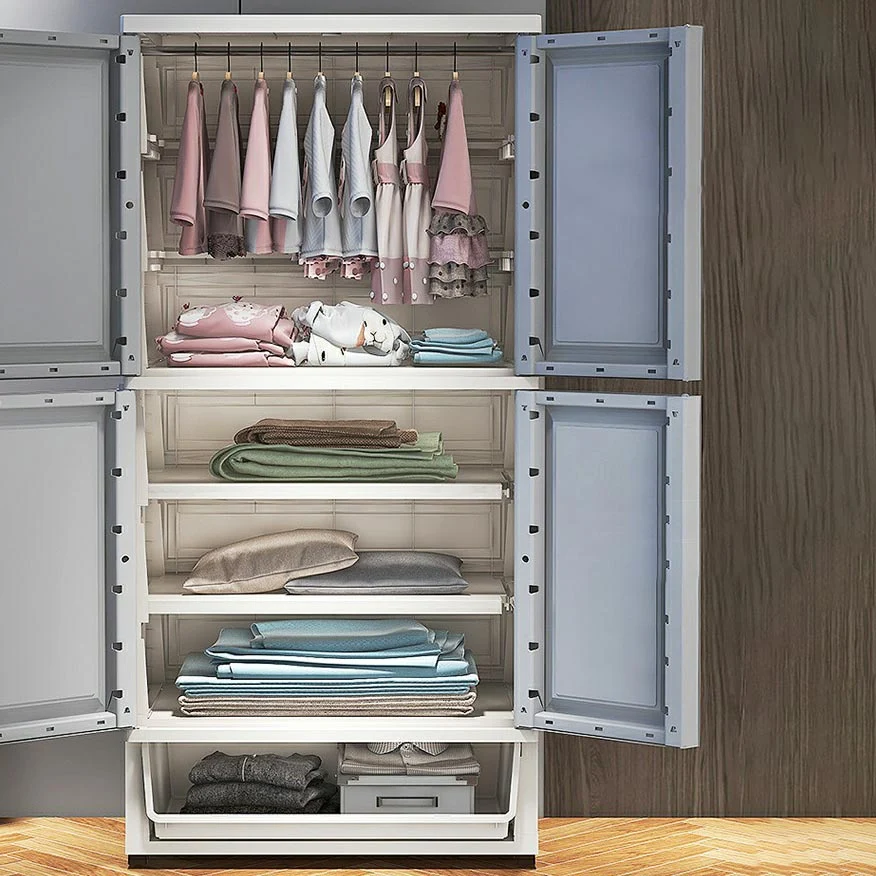 Armario guardarropa moderno blanco de 2 puertas con cajones Armario de plástico Gris Clearhalo